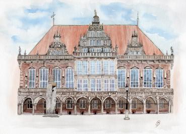 Poster DIN-A3 Aquarell Maritim Kunst Druck Kunstdruck Bremen Bremer Rathaus Nordsee Souvenir Souvenirs